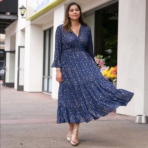 metallic star print navy blue dress
